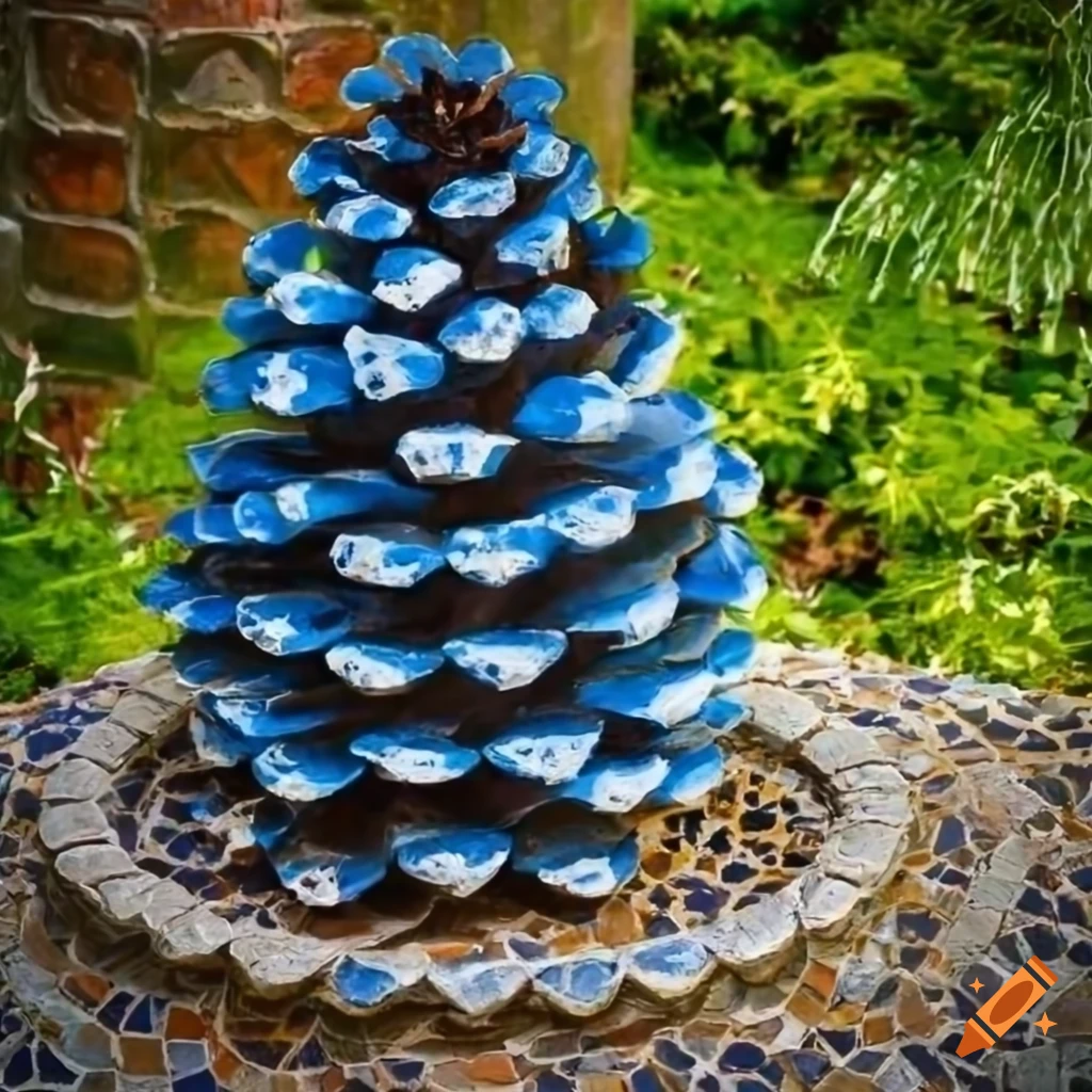 A blue and white pine cone sculpture with alternating light and dark scales  in a mosaic garden with cascading plantings on Craiyon