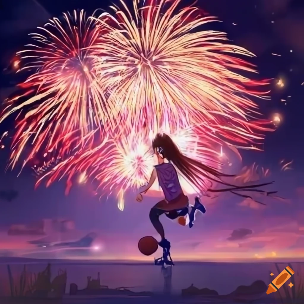 girl watching fireworks over a city in the style of | Stable Diffusion