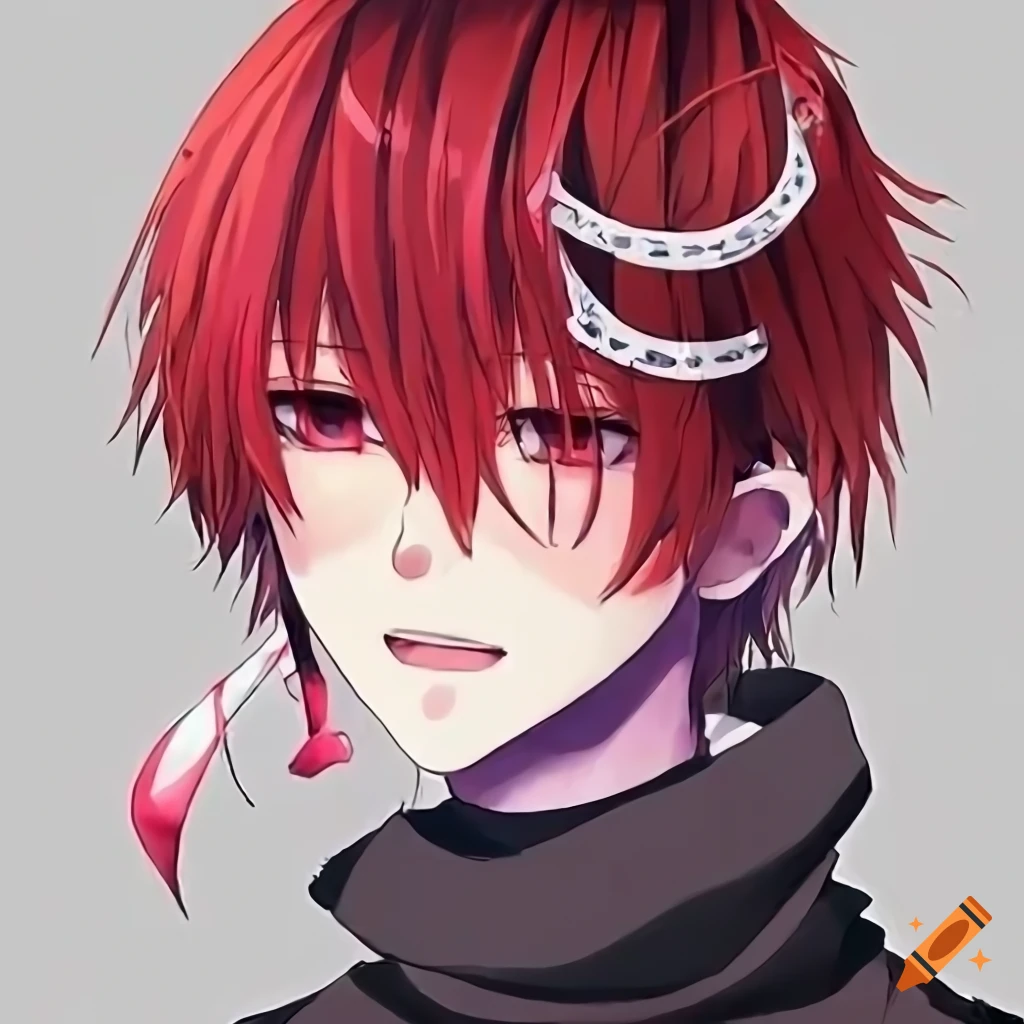 Anime boy with mid leanth fluffy scarlet red hair tied up in a bun wearing  a white band on their forehead to hold their bangs up. with hot pink eyes.  wearing a