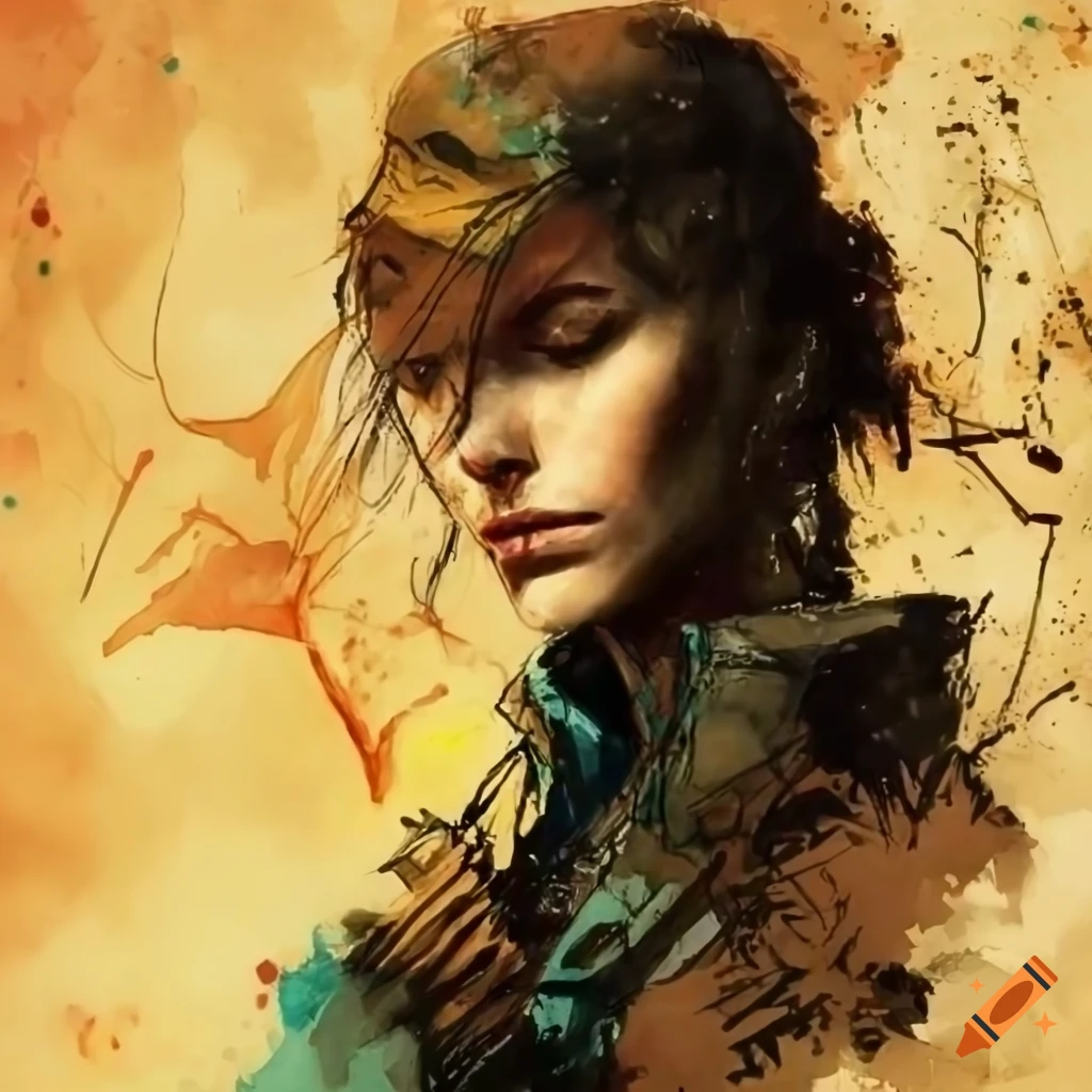 Portrait of a woman releasing a bird drawn in the style of metal gear ...