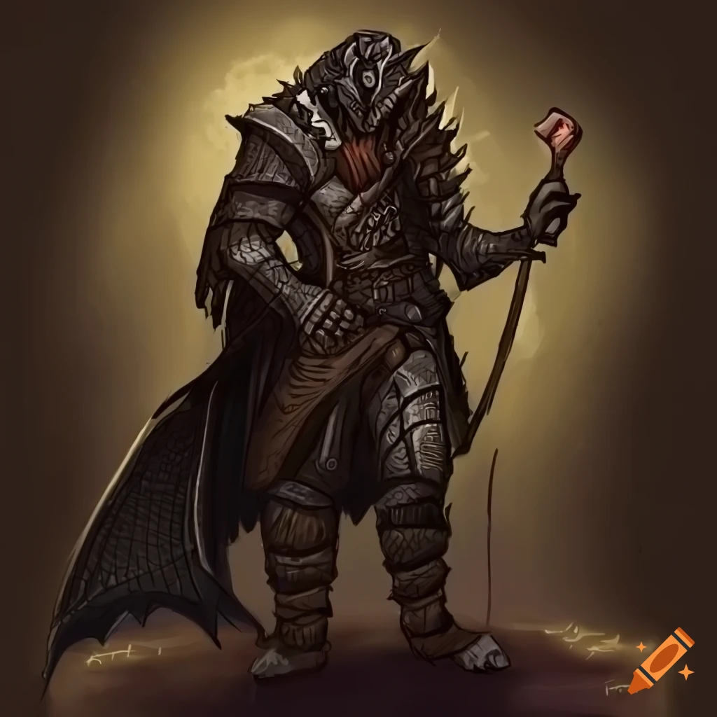 Draw a black dragonborn with two scimitars