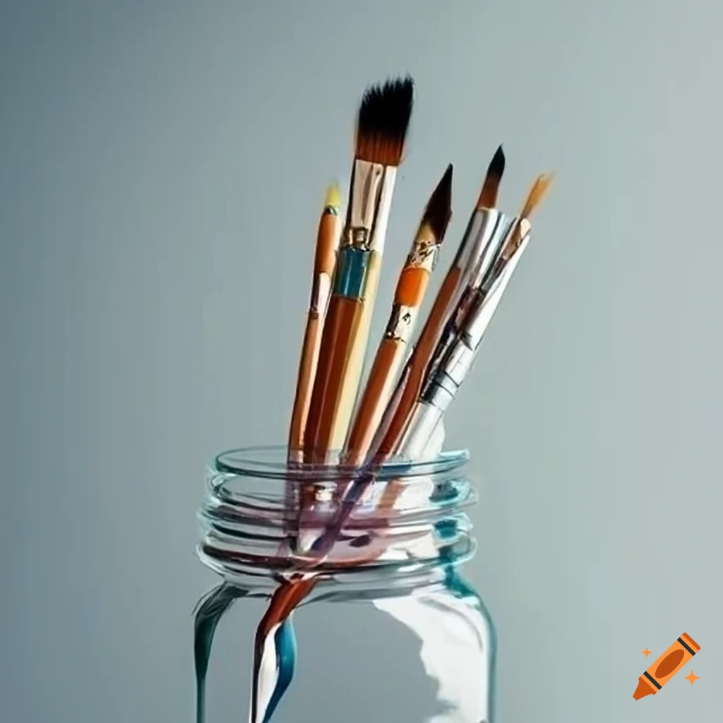 Art supplies in a pretty clear jar: brushes, pencils, pen on Craiyon