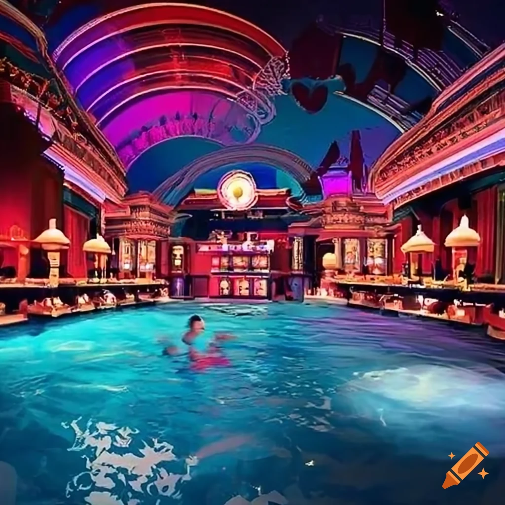 Design a casino and resort reminiscent of the historical moulin rouge in  las vegas. include a high-rise hotel, resort-style pool with cabanas and  stage, and shopping center. the hotel should have at