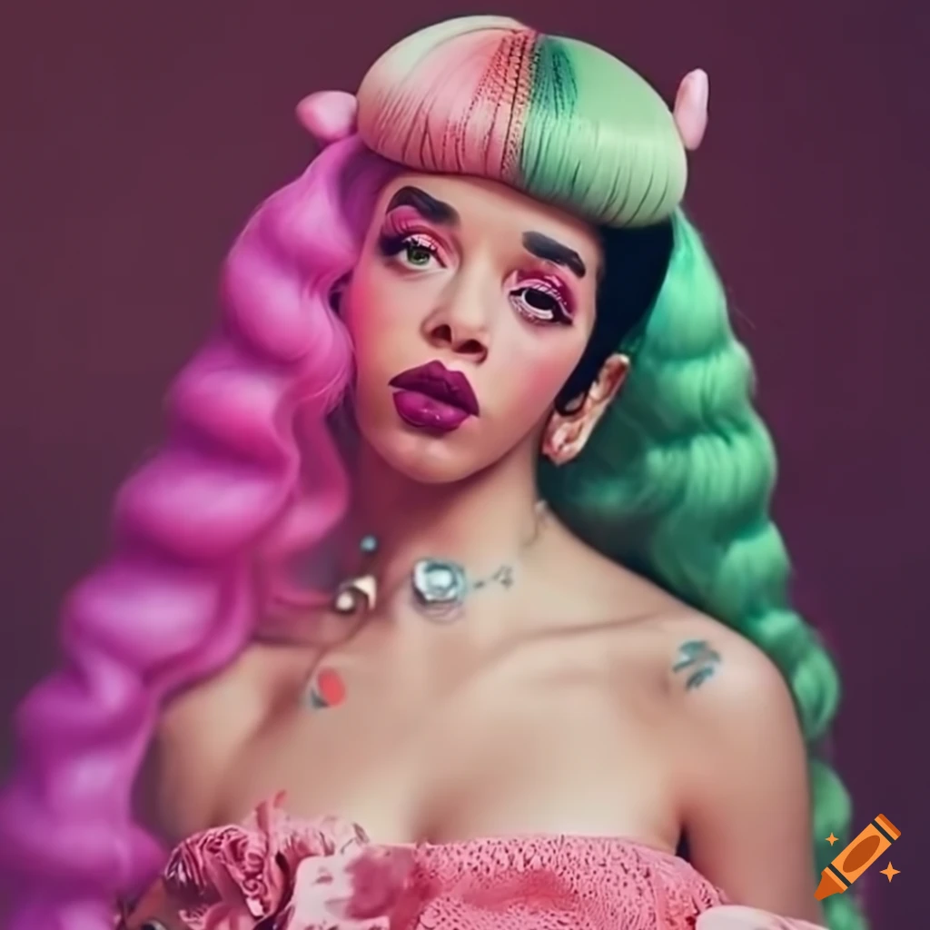 Melanie martinez in new image. pink skin, 4 eyes, big ears, light green  long hair, large build, flowers and mushrooms on the background and on the  body on Craiyon