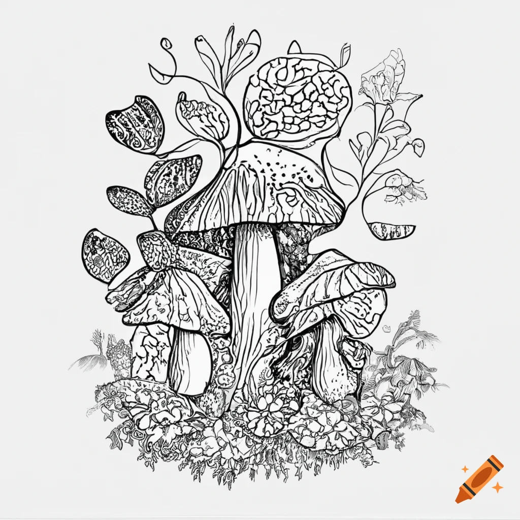 Mushrooms Doodle Art Adult Coloring Page