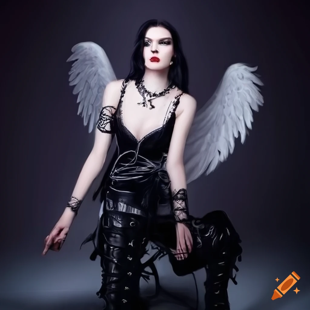 Beautiful goth girl with white angel wings wearing combat boots on Craiyon