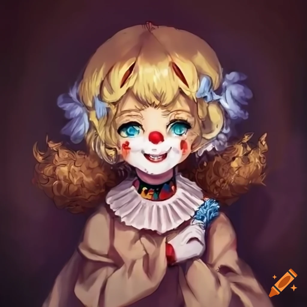 Anime, holy tanya degurechaff cherub clown with face paint, warm motherly  smiling expression