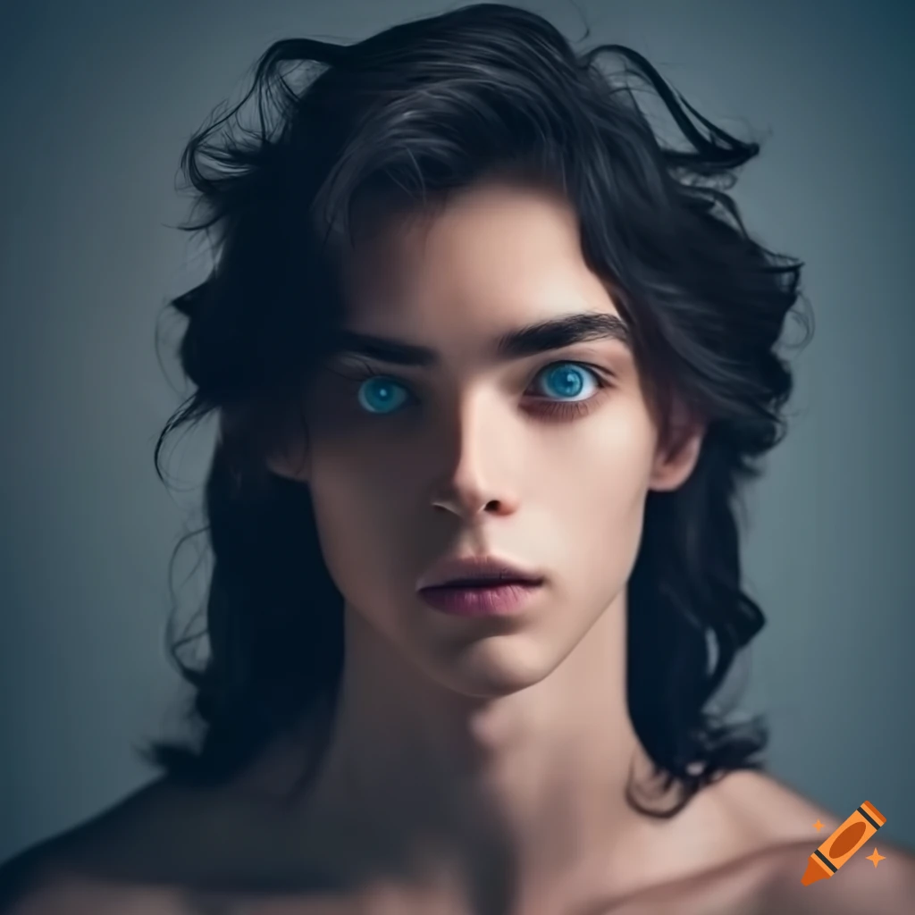 Young man with long wavy black hair and blue eyes