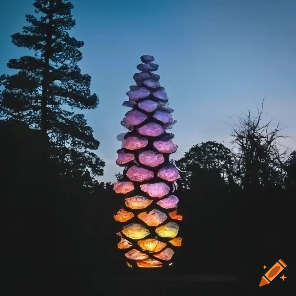 A pastel sky colored pine cone sculpture with alternating light and dark:  sunrise, day, sunset, and night, painted sky scales in a mosaic garden with  cascading plantings on Craiyon