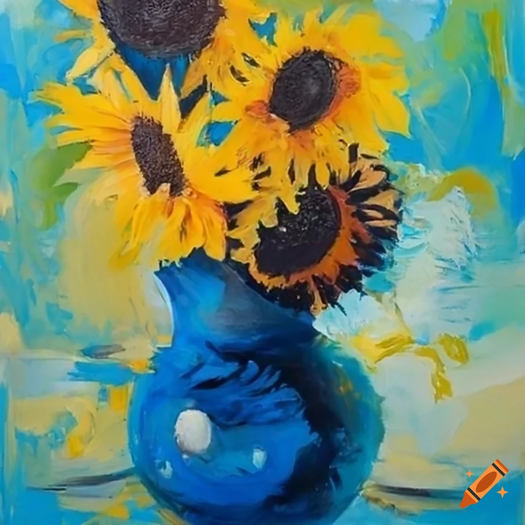 Painting with visible brush strokes of sunflowers in vase