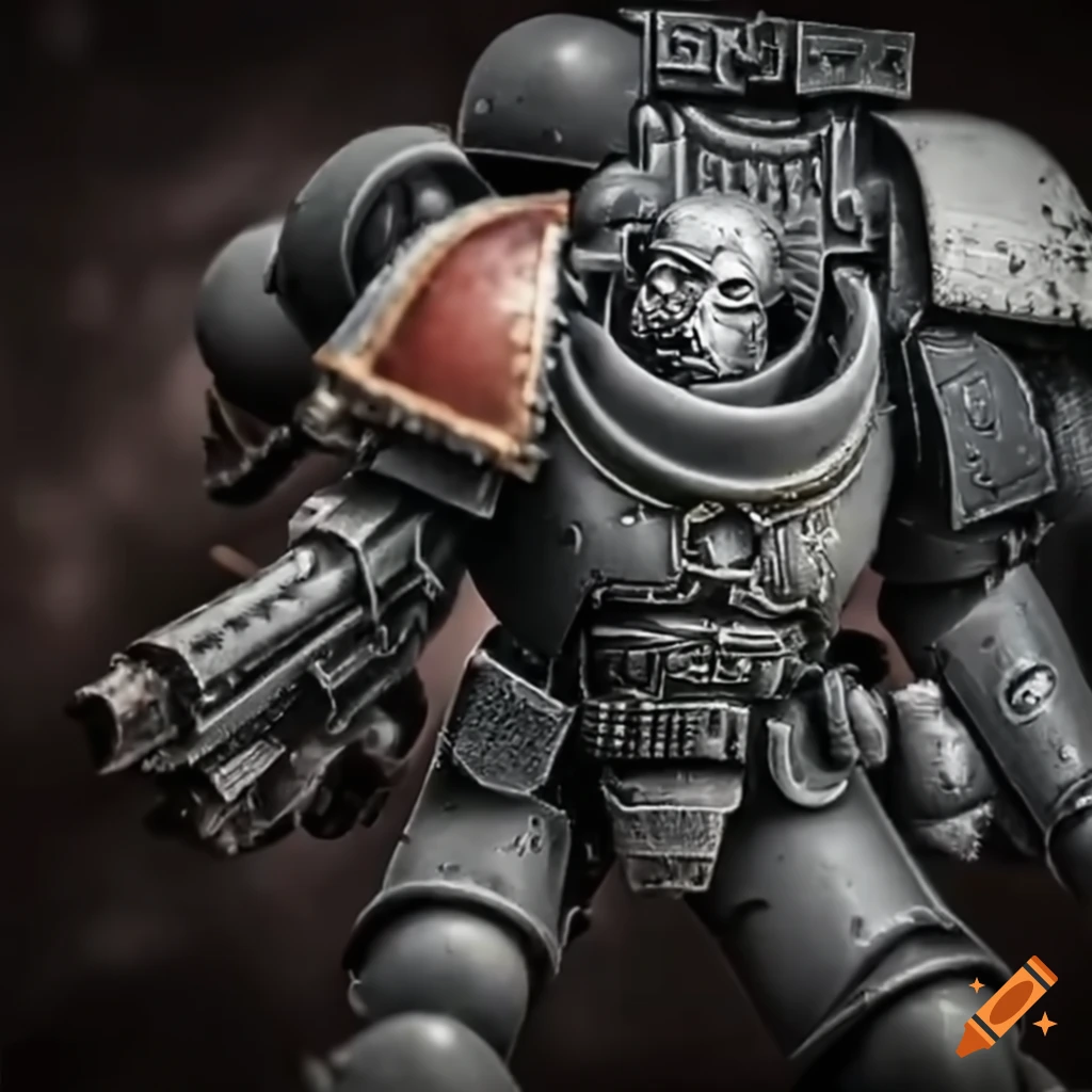 Warhammer 40k space marine with bolt gun viewed from a lower angle