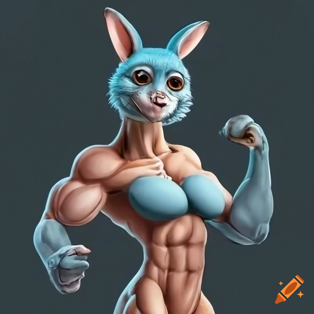 A muscular, anthropomorphic monkey-kangaroo hybrid female with a long neck,  rabbit-like ears, strong shoulders, bulging biceps, muscular arms, powerful  chest, chiseled abs, strong, digitigrade legs and blue fur on Craiyon