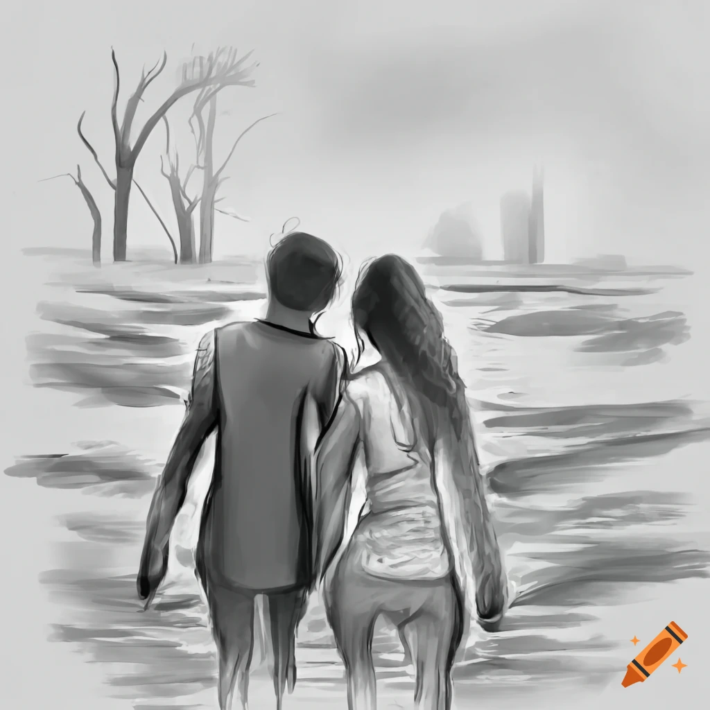 Back view of lovers walking along the river on Craiyon