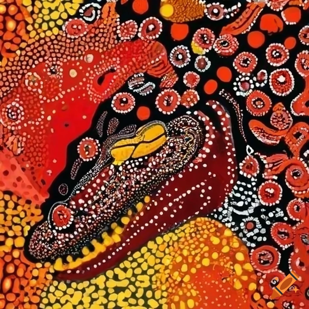 A majestic crocodile art piece blending realism and aboriginal dot art on  Craiyon