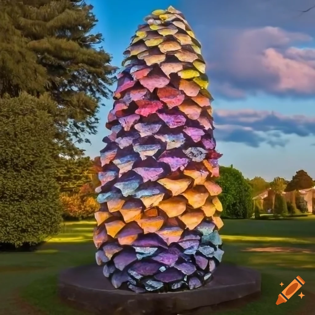 A pastel sky colored pine cone sculpture with alternating light and dark:  sunrise, day, sunset, and night, painted sky scales in a mosaic garden with  cascading plantings on Craiyon