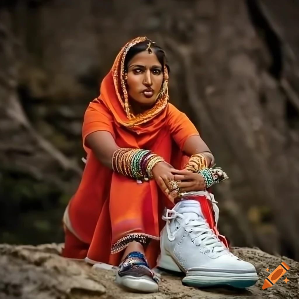 A beautiful woman from indian wearing a white nike shoes in the mountains on Craiyon