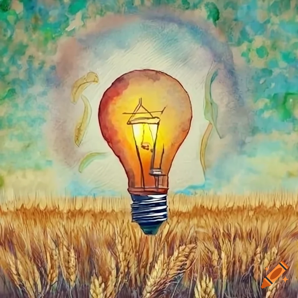 A surreal scene of a giant light bulb illuminating a wheat field on craiyon
