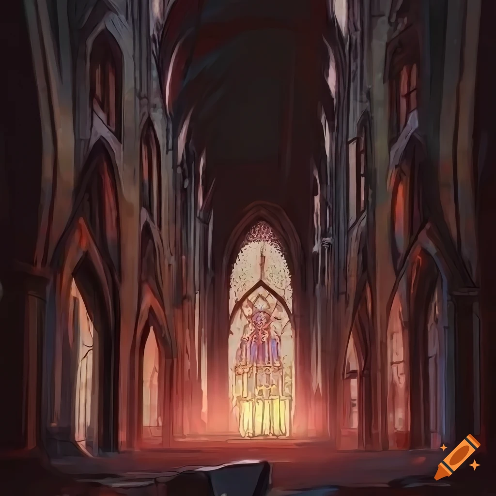 Interior of a ruined cathedral with stained glass