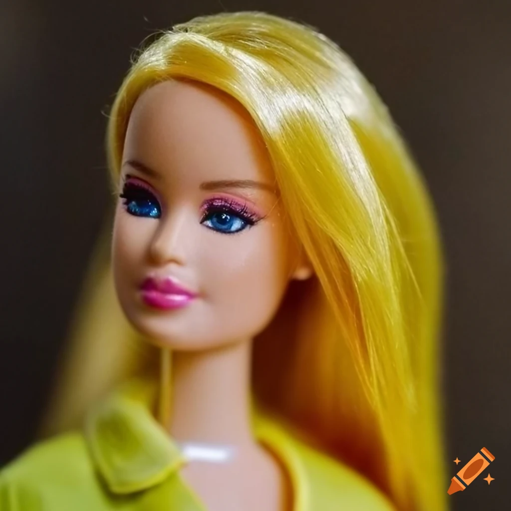 Close up of a barbie doll with long yellow hair, wearing a jacket ...