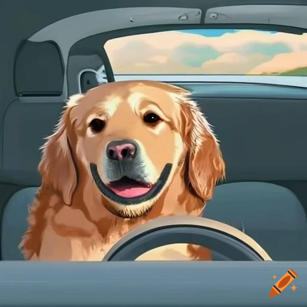 Golden retriever driving car