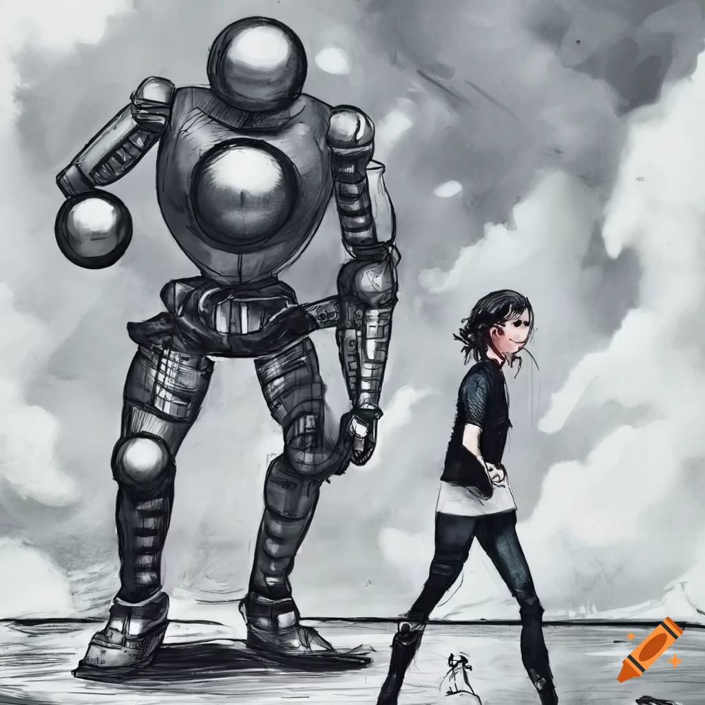 2 figures. woman and man. robot katsuhiro otomo pencil drawing beautiful busty brunette woman wearing glasses with metal man metallic sphere circle eyes. standing in front of buildings and