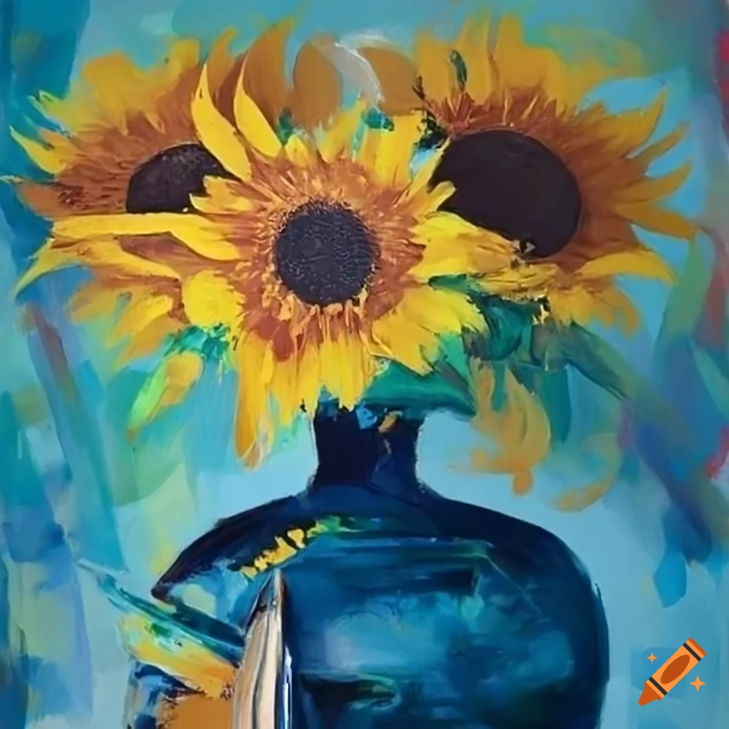 Painting with visible brush strokes of sunflowers in vase on Craiyon