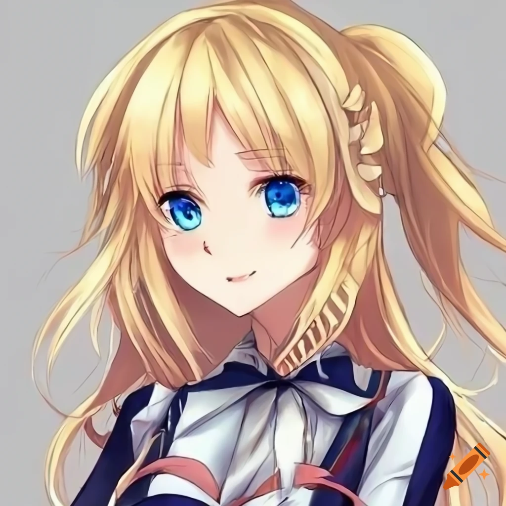 A cute blonde anime girl with light blue eyes