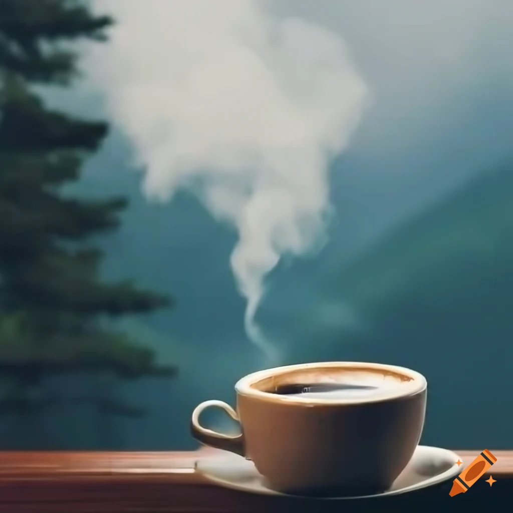 Cup of coffee with smoke on top of a white window overlooking a