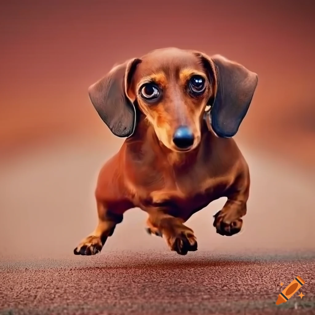 Red dachshunds racing on a track, whimsical, highly detailed on Craiyon