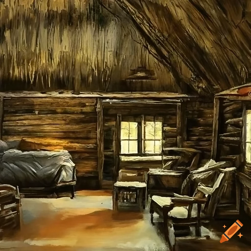 Ranch bunkhouse interior (1920s realism painting building landscape) on