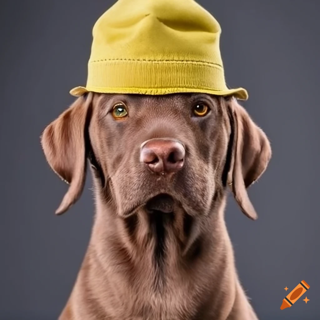 brown Labrador with a yellow hat