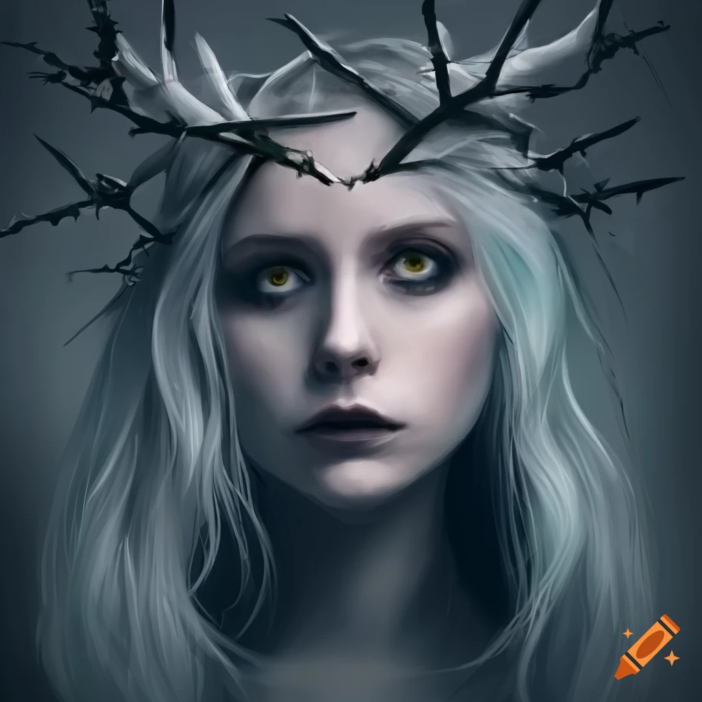 Mysterious woman with white hair and a thorn crown on Craiyon