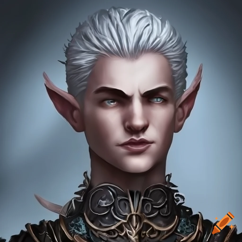 Silver haired male elf with subtle dragon scales and cross shaped pupils