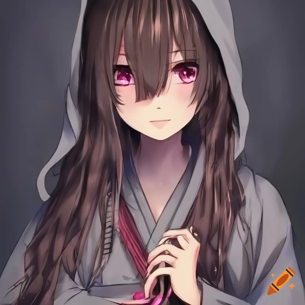 anime girl with brown hair and silver eyes