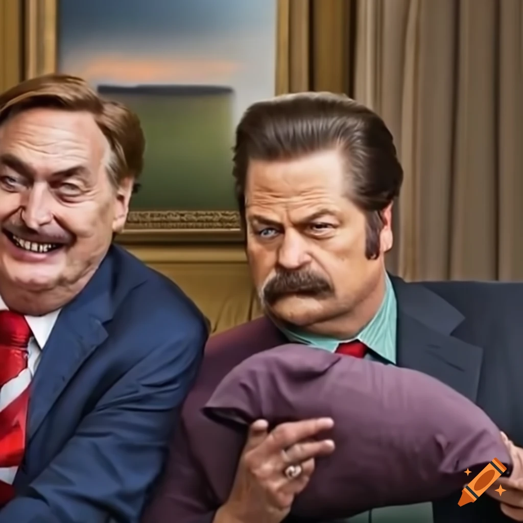 Ron swanson with mike lindell selling my pillow on Craiyon
