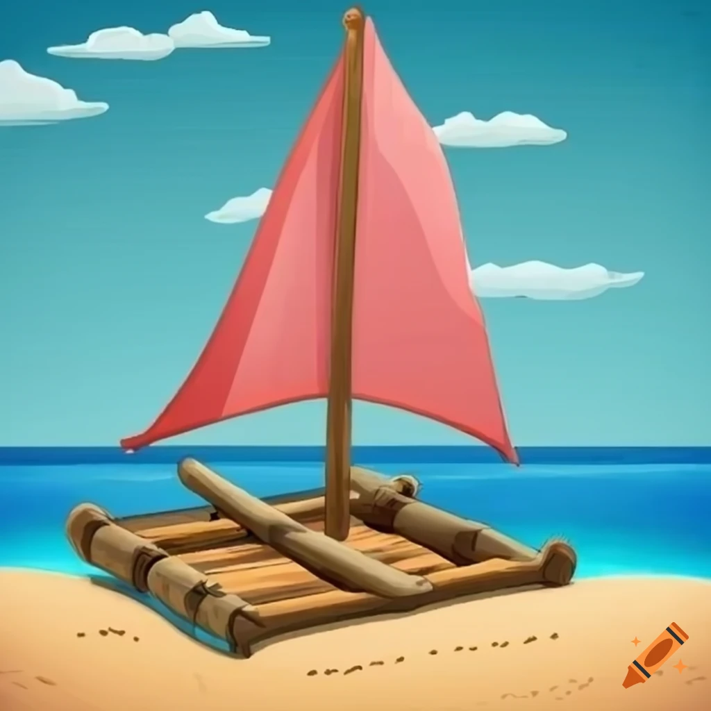 A wooden raft with a sail on a beach in a cartoon rendering on Craiyon