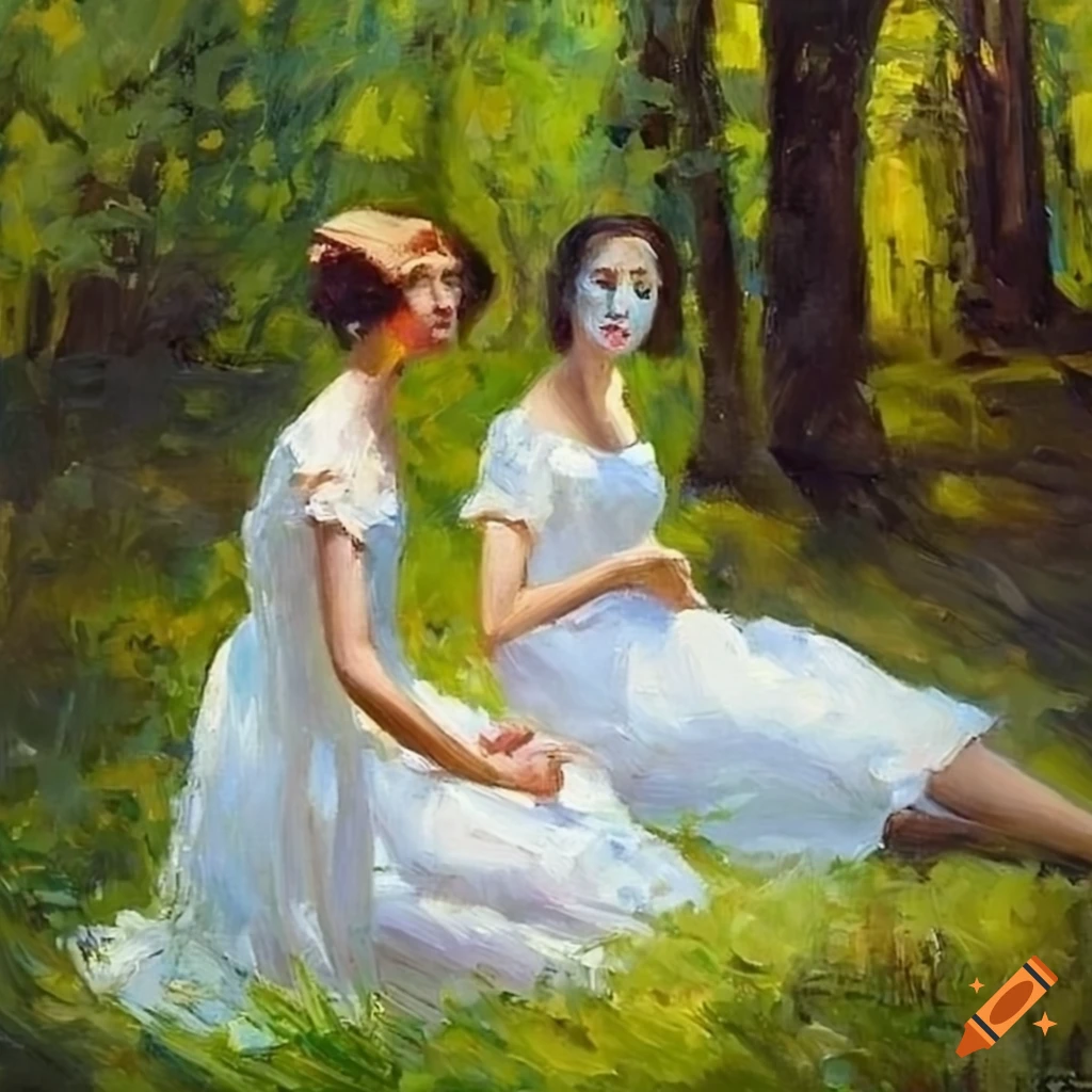 Two women in white dress sitting on grass in woodland glade oil painting impressionism art fine art
