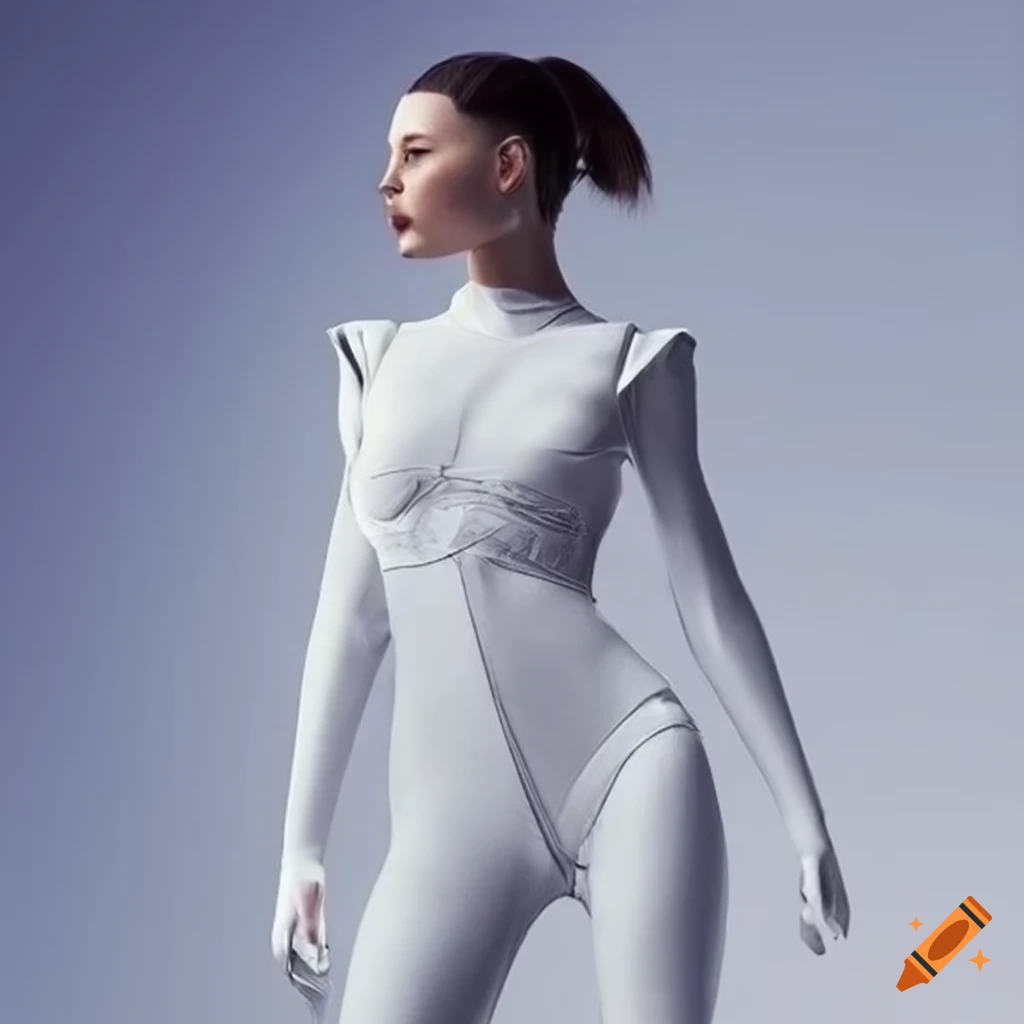 Highly detailed futuristic fashion for space travel, white, clean garments