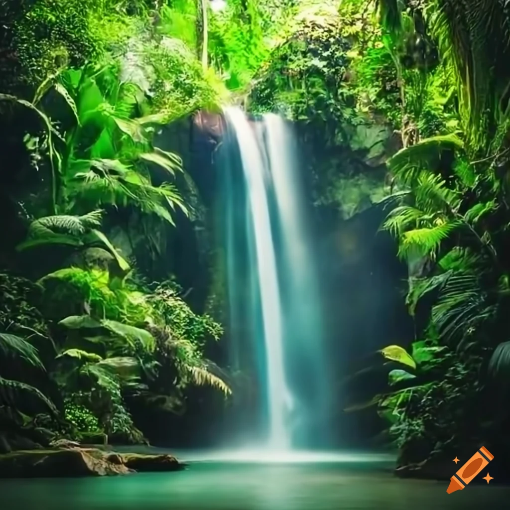 Majestic waterfall surrounded by lush greenery in a tropical jungle on ...