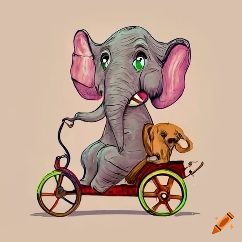 An elephant wearing tutu riding a tricycle and balancing a dog on its trunk