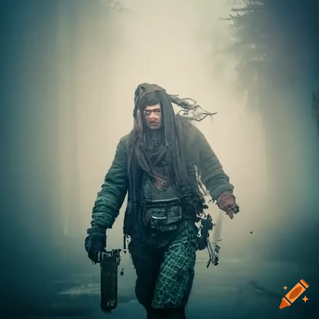 A survivor with an unkempt hairstyle and rugged survival gear walking  through the foggy streets of a post-apocalyptic setting on Craiyon