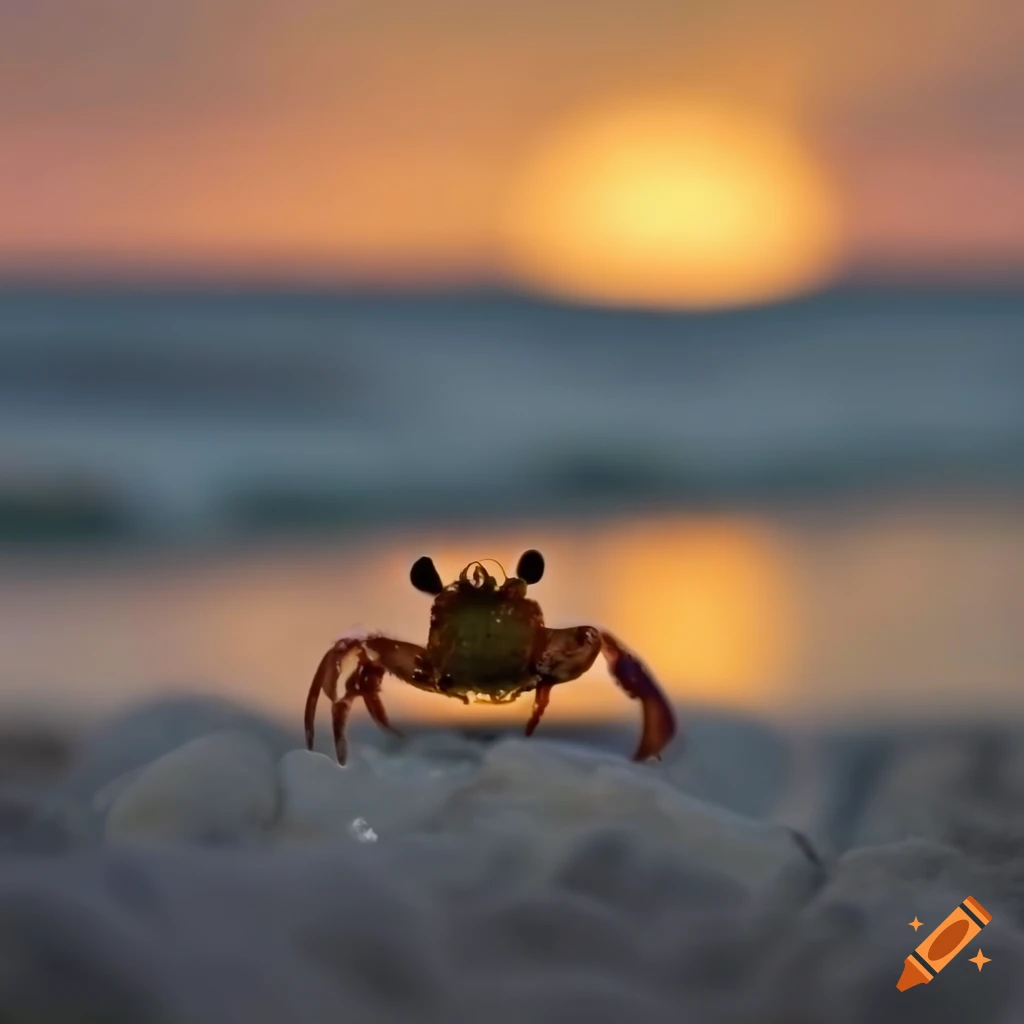 A cute little crab standing at the shore of the ocean, looking at the  setting sun with a sombre mood on Craiyon