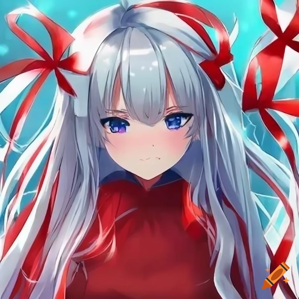 anime girl with red and blue eyes, white long hair in a red dress, expressionless face, red ribbons in hair