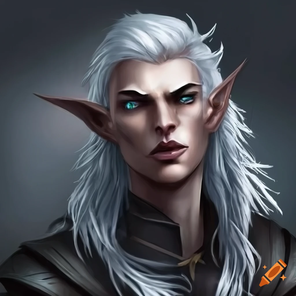 Menacing male elf rogue with long messy white hair and pale white skin ...