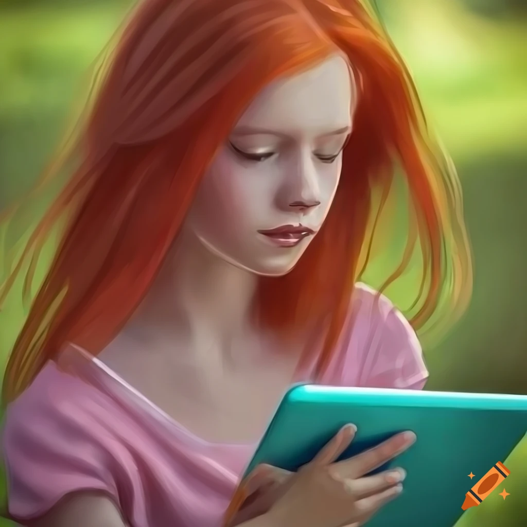 A girl with red hair draws on an ipad in the park, the drawing flows