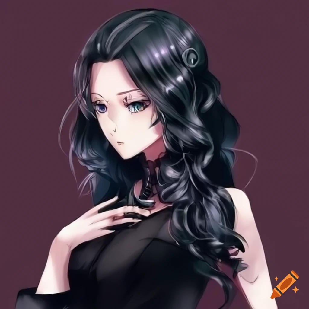 Anime elegant woman with black wavy hair, cold look on Craiyon