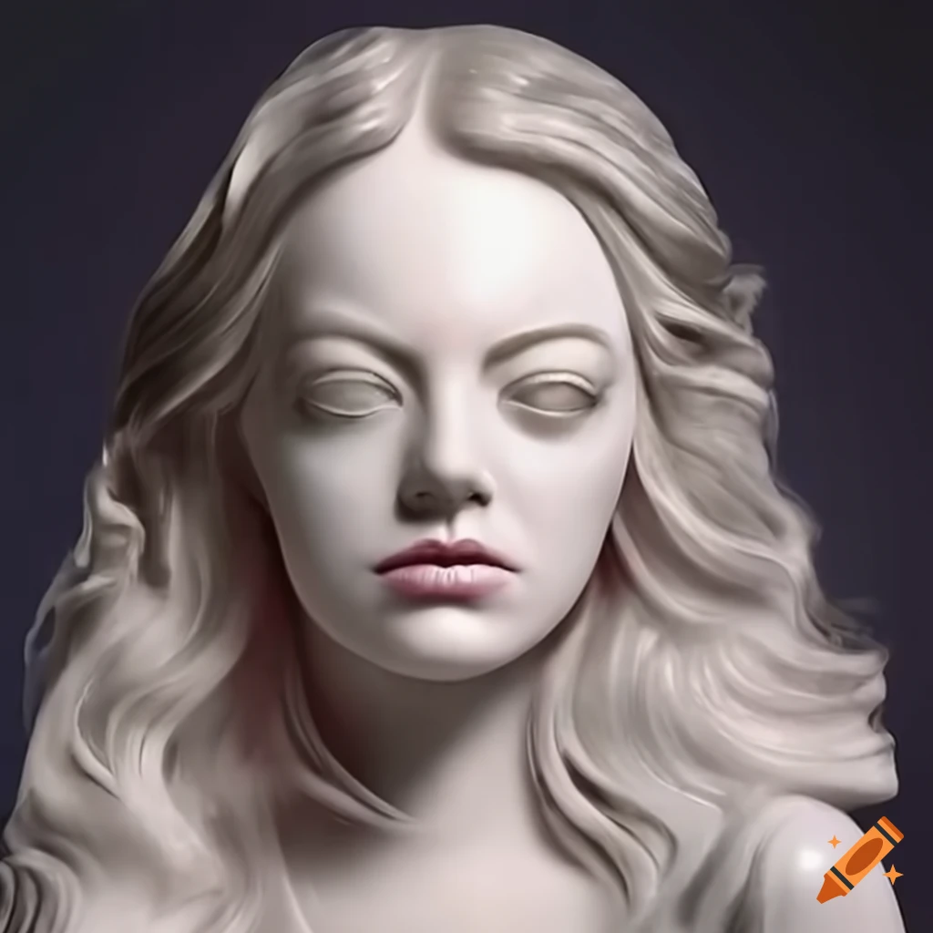 Emma stone depicted as a mesmerizing marble statue with glowing eyes on