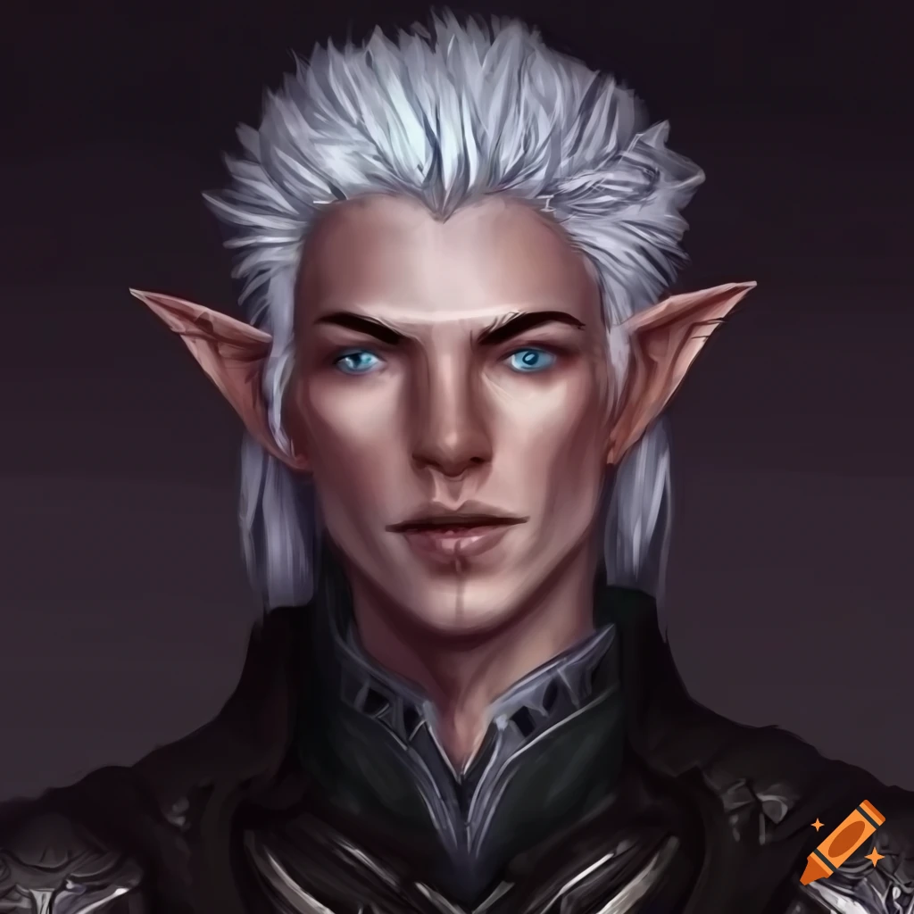 A male, dragon elf hybrid with silver hair and unique eyes