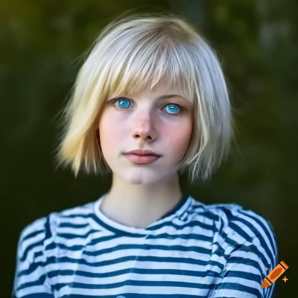 White Skinned Girl Freckles Blonde Short Hair With Bangs Blue Eyes
