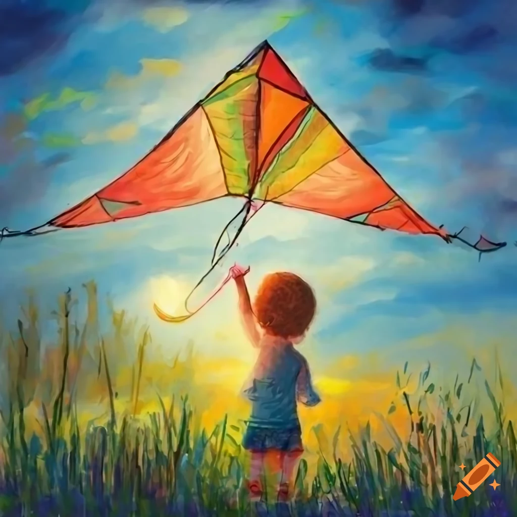 Childrens book illustration of children flying a kite in the meadow at  sunset on Craiyon